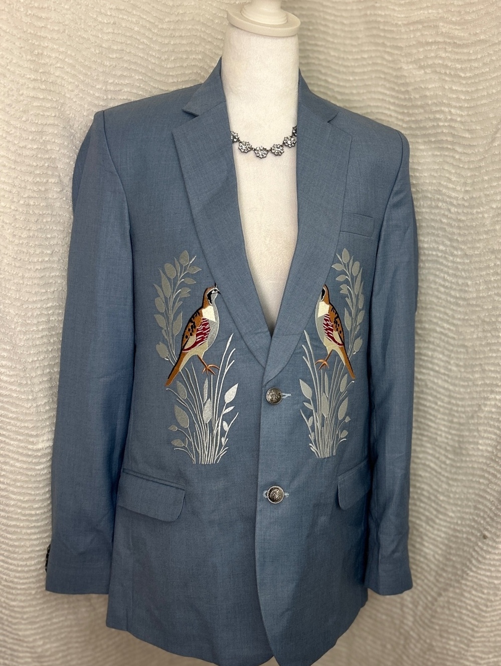 Custom Embroidered Quail Jacket Blue Satin Lined Grandmacore Western Artisan M